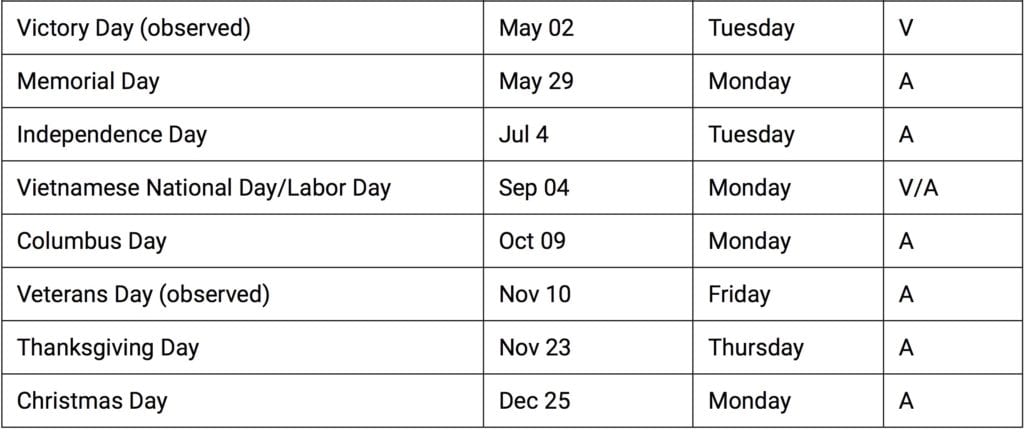 2017 Holidays
