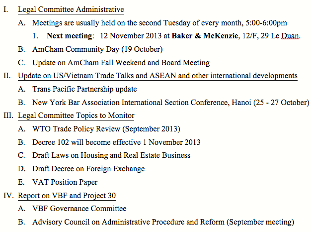 Legal & VBF Committee Agenda, Oct 8, 2013